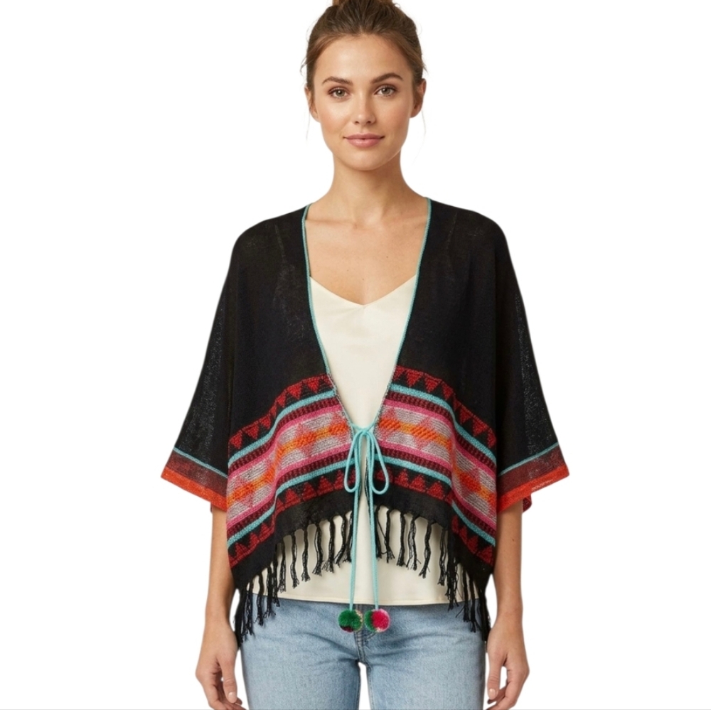 Noonday Collection ​Boho Tribal Print Fringe Kimono Wrap with Pom-Pom Ties